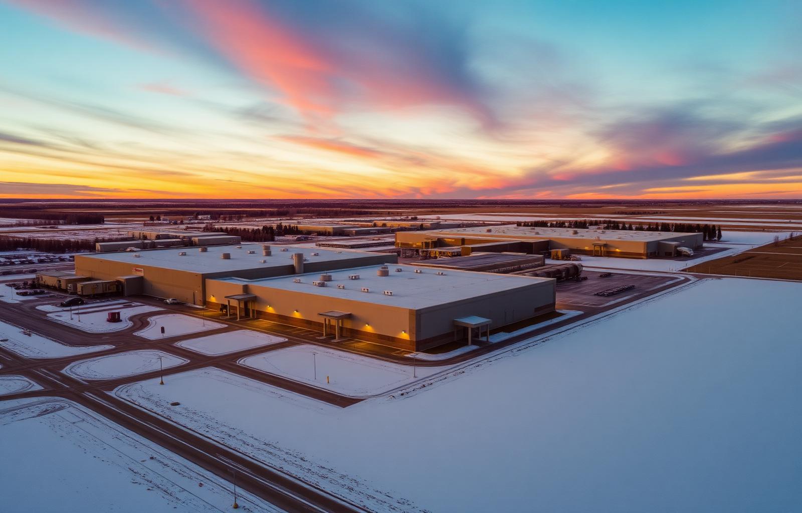 Aerial view of an Alberta commercial building complex at dusk