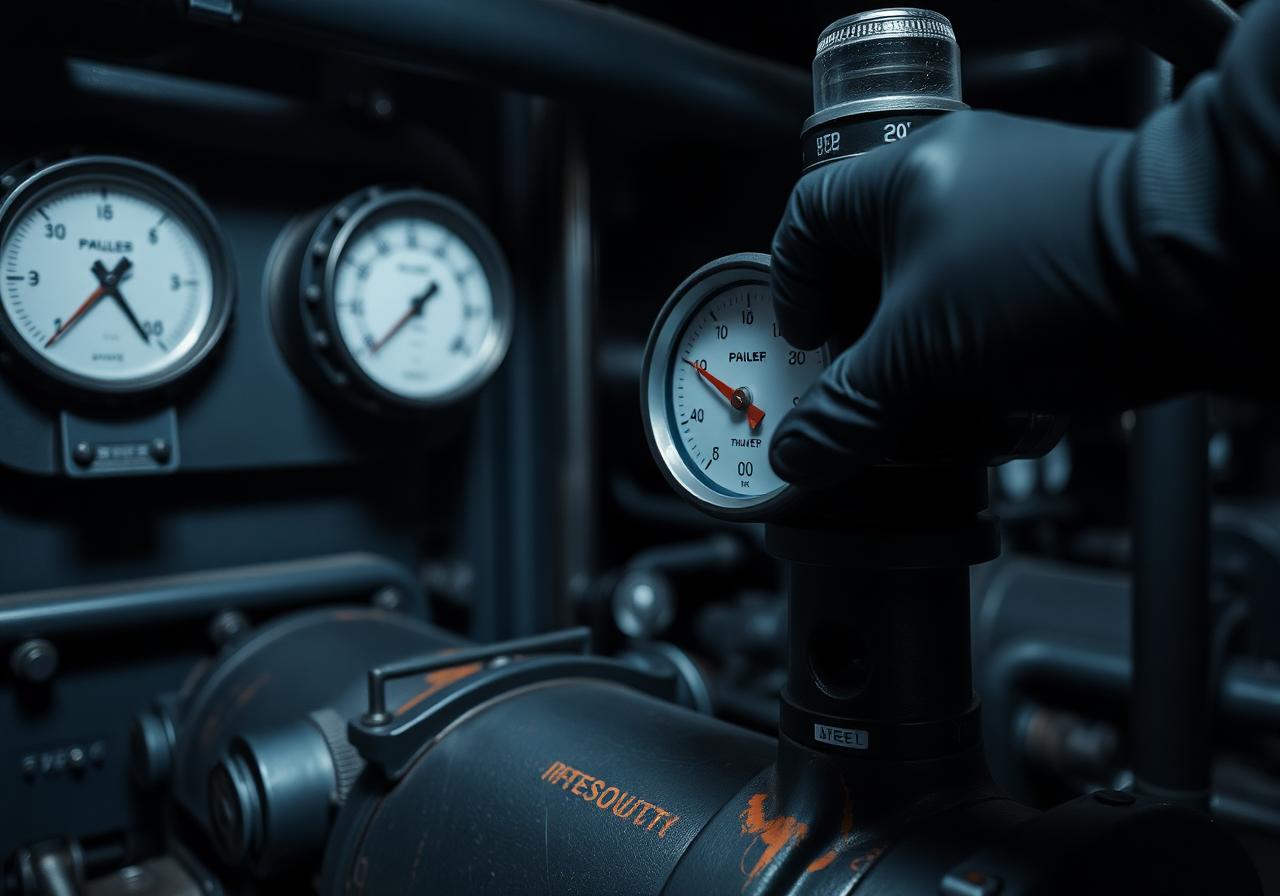 Technician checking pressure gauges on commercial mechanical equipment